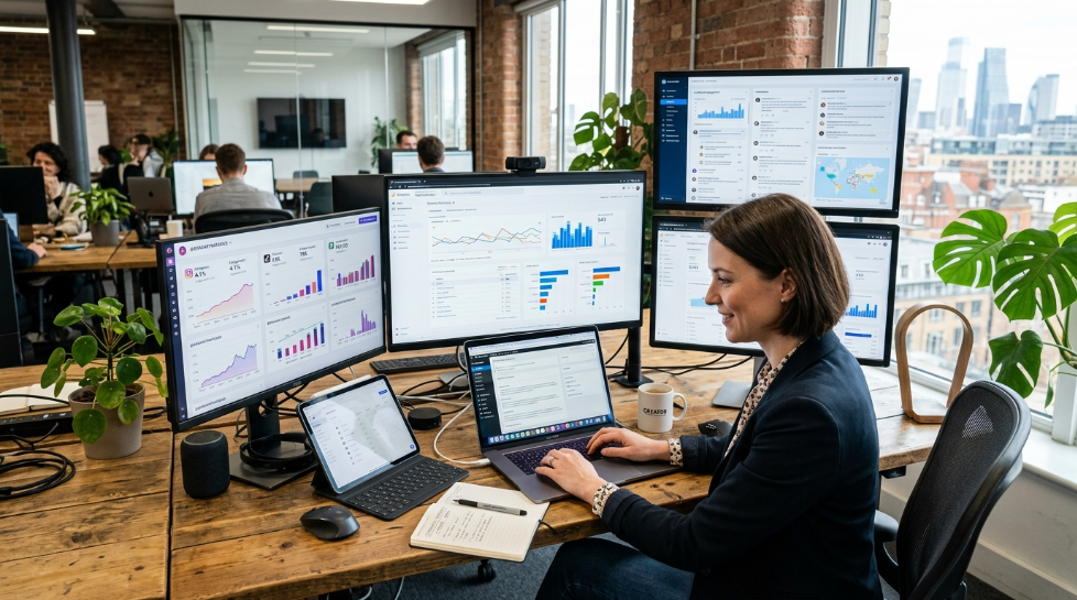 Professional blogger working in a modern digital media workspace with multiple screens displaying social media analytics, content dashboards, audience engagement metrics, and digital communication networks.